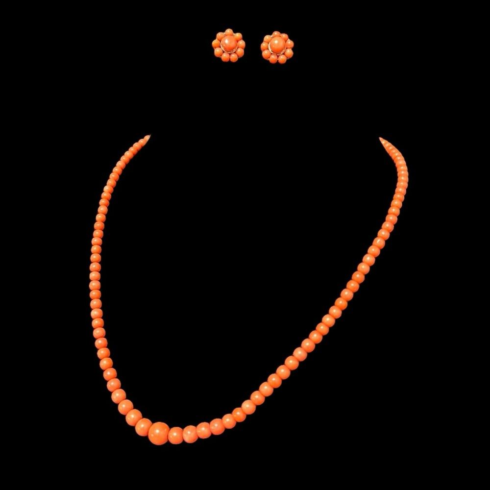 Antique Sterling Silver Natural Orange Red Coral Beaded Necklace & Earrings 925
